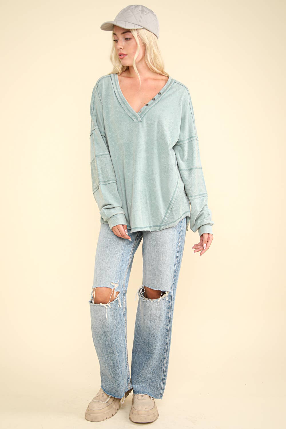 Washed Knit V-Neck Oversized Top