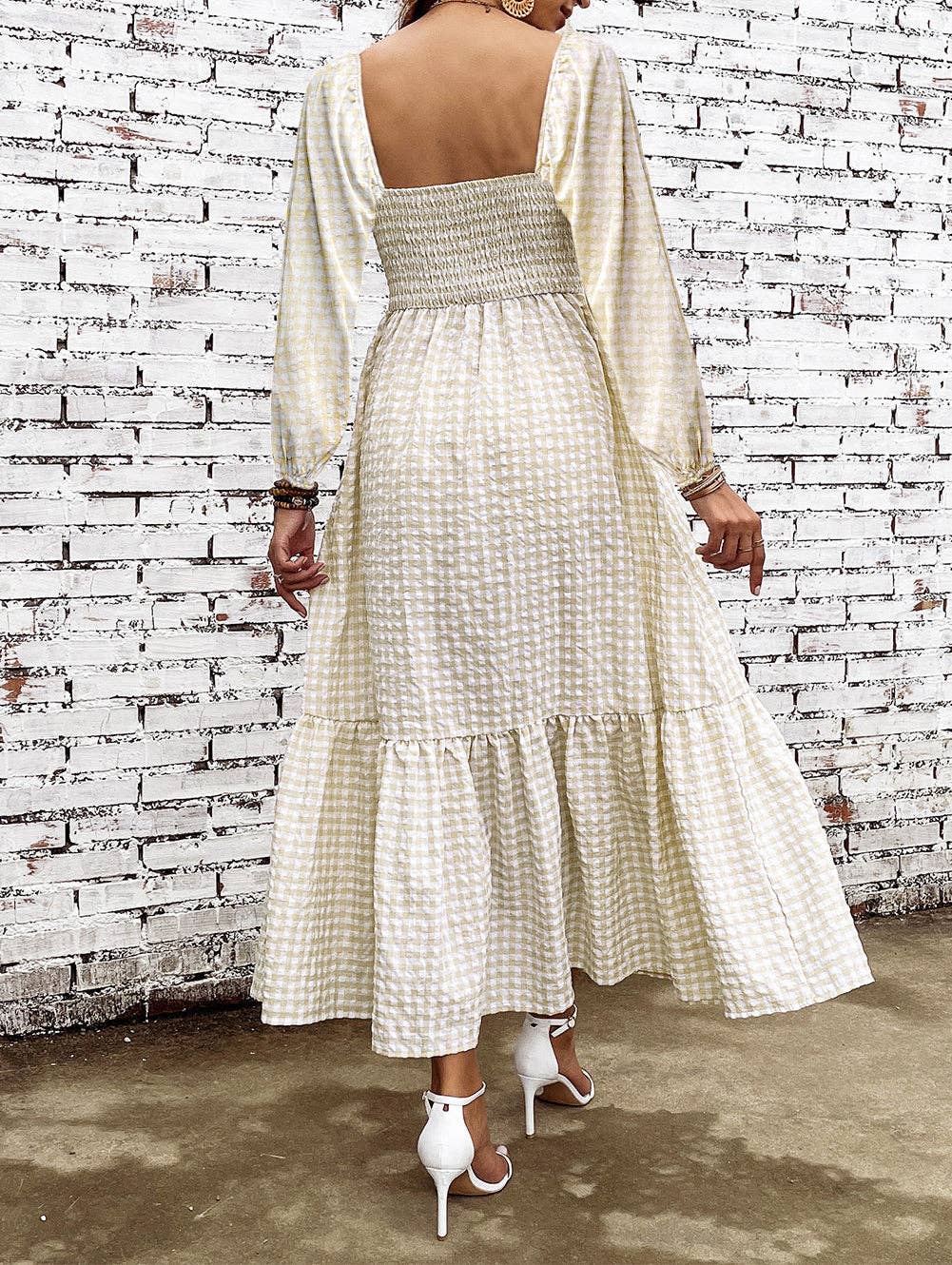 Plaid Ruffled Square Neck Smocked Tiered Maxi Dress