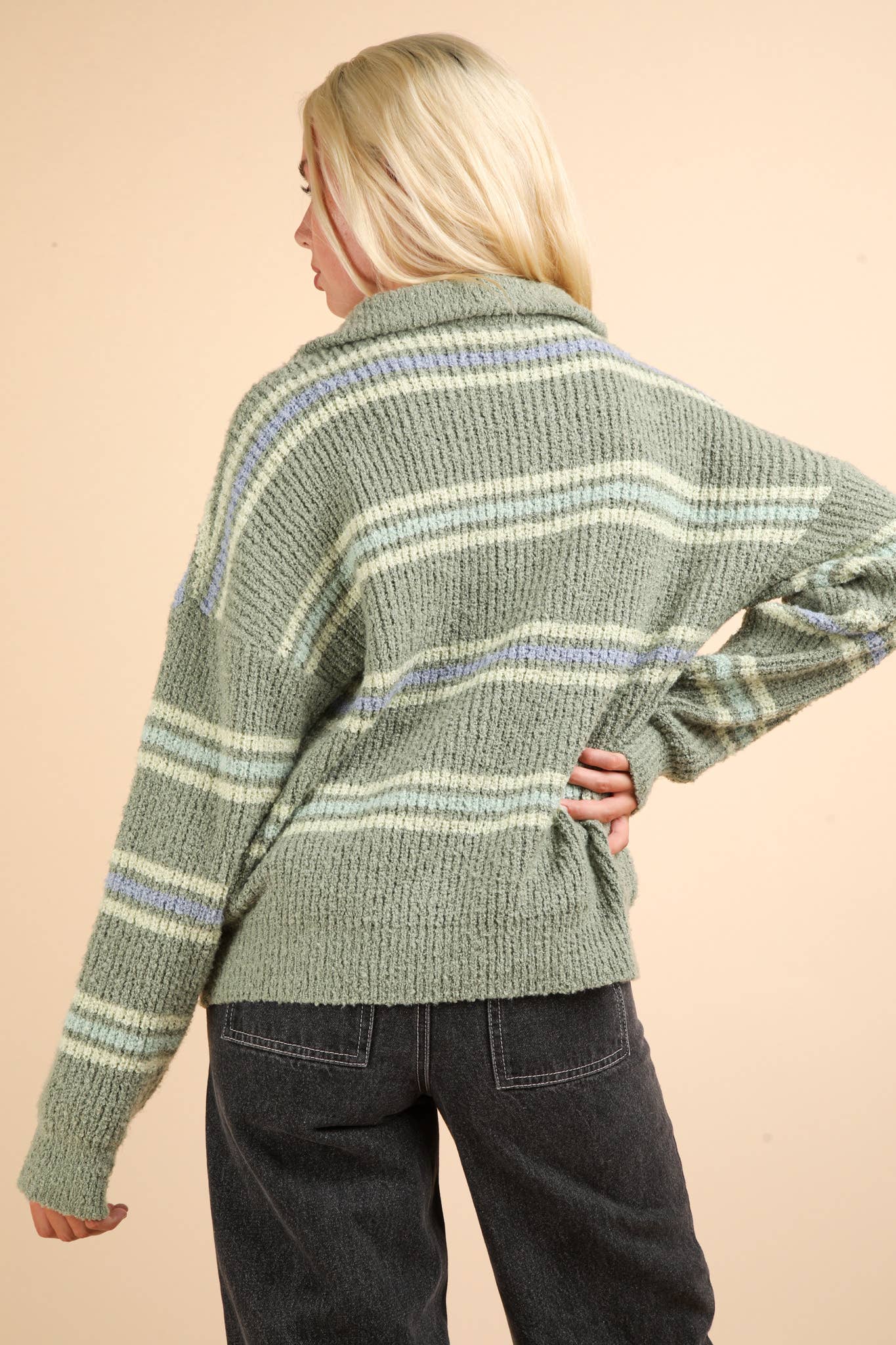 Striped Quarter Zip Up Knit Pullover