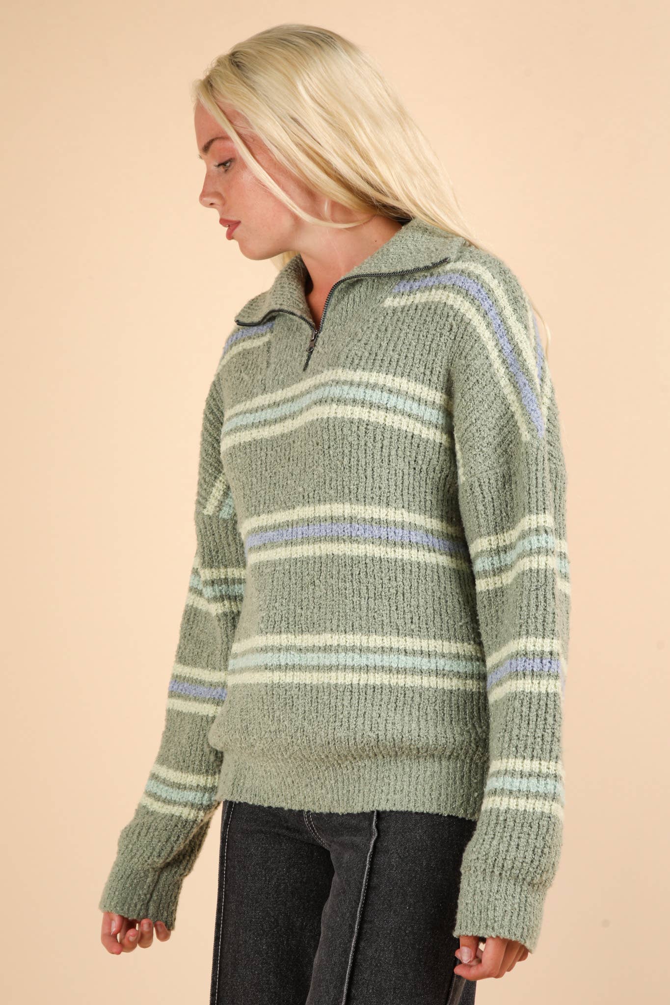 Striped Quarter Zip Up Knit Pullover