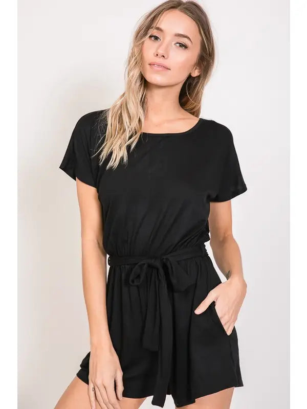 Black Solid Romper with Waist Belt and Keyhole Back