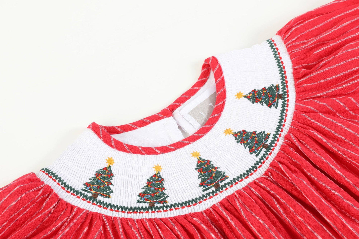 Red Christmas Tree Smocked Bishop Dress