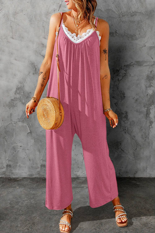 Pink Spaghetti Straps Wide Leg Pocketed Jumpsuits
