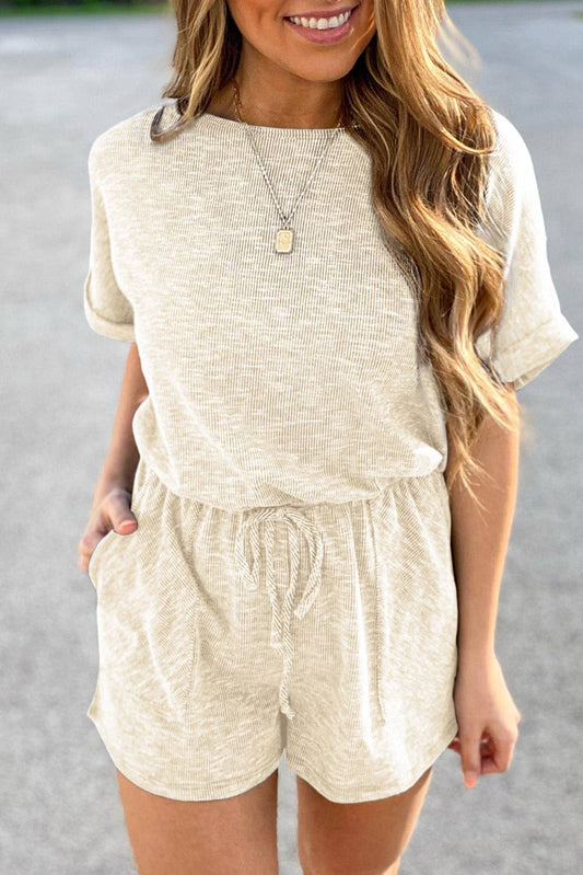 Ribbed Elastic Waist Pocketed Romper